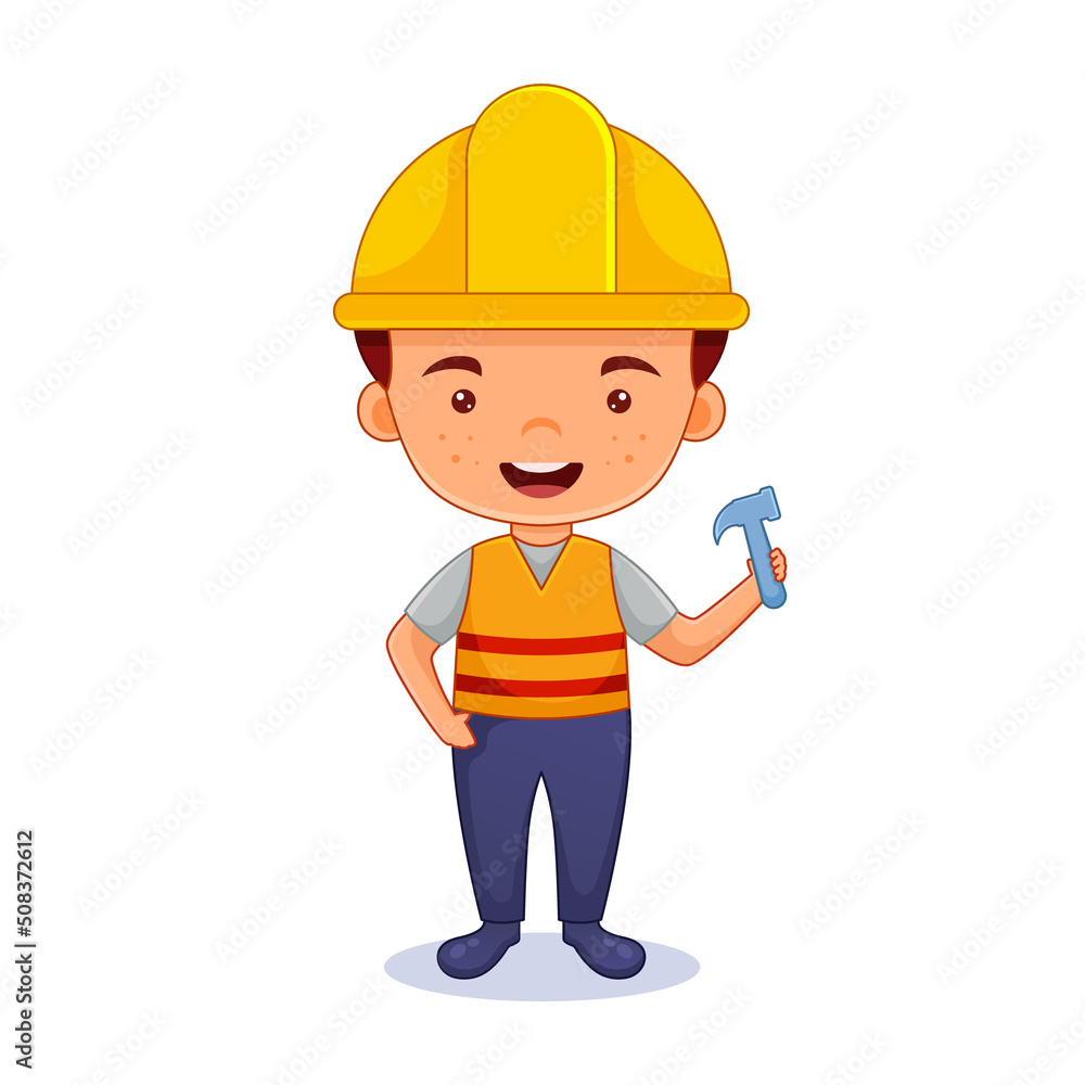 cartoon boy, Friendly handsome man in work outfit, holding hammer or gesturing with helmet. construction worker, Isolated on white. cartoon boy, Friendly handsome man in work outfit, holding hammer or gesturing with helmet. construction worker, Isolated on white.