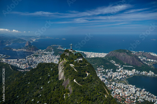 Zigzag road up Corcovado to Christ the Redeemer, Rio de Janeiro, Brazil, South America - aerial