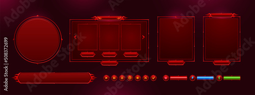Game menu interface ui elements, buttons, progress bars, settings, login and password board. Gui user panel with sliders, keys, red glowing design with devil horns and hell fire flames Vector graphics