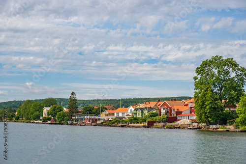 View of houses on the shore of Lake Vättern in the town of Hjo in Sweden