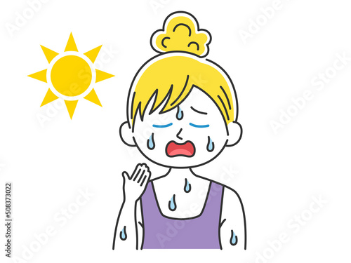汗をかいている、脱水症の白人女性のイラスト