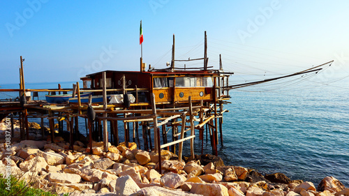 Coast of the Trabocchi, Trabocco in Marina di San Vito Chietino. The Trabocco is a traditional wooden fishing house on pilework, typical of Adriatic sea, coast of Abruzzo, Italy