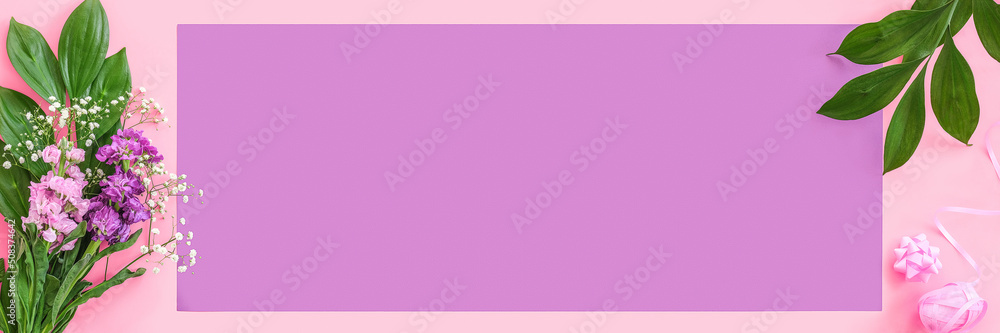 Banner made with bouquet of flowers on pink purple background. Flat Lay Copy space Top view Concept Hello spring, Mother's day, Womens day, Good day, Template for text and design Banner made with bouquet of flowers on pink purple background. Flat Lay Copy space Top view Concept Hello spring, Mother's day, Womens day, Good day, Template for text and design