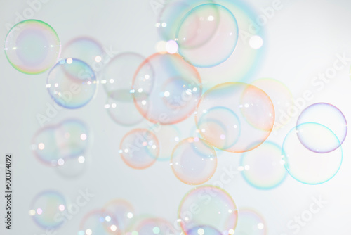 Abstract Beautiful Transparent Colorful Soap Bubbles Background. Soap Sud Bubbles Water 