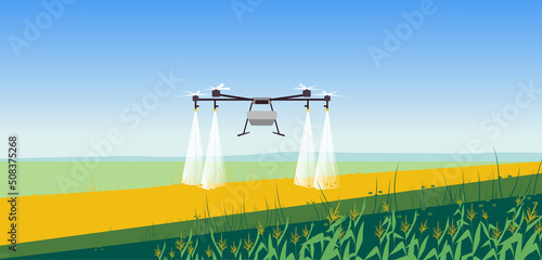 Vector illustration of smart farming tech with irrigation drone. Innovation technology for agricultural company. Automatic sprinkler copter. Editable vector illustration