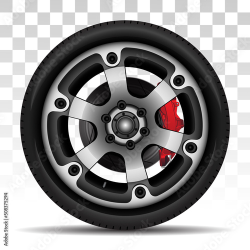 Aluminum wheel car tire disk break style racing on checkered background vector