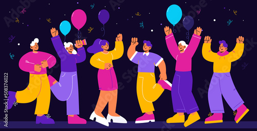 Happy people celebrate party. Business team corporate holiday, birthday. Group of cheerful men and women dance and rejoice on festive event with balloons and confetti Line art flat vector illustration