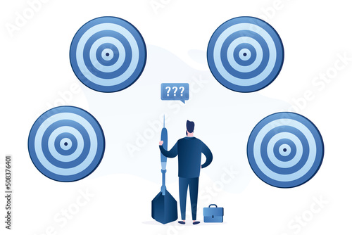 Businessman with big dart standing in front of targets. Handsome man chooses right path to success. Achievement of goals. Male character back view in trendy style. Business scene.