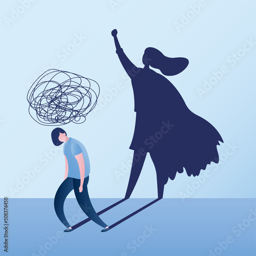 Self doubt businesswoman standing with his super hero shadow on wall. Mental problems, psychological pressure. Self confidence or leadership to bring full potential and strength.