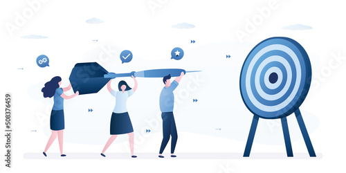 Shared goals, teamwork. Business people help holding dart aiming on bullseye target. Successful team develop achievement project. Cooperation, colleagues with same mission and challenge.