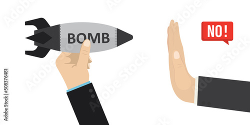 Aggressor or terrorist holding bomb in his hands. Hand of politician or diplomat shows stop gesture. Stop war, banner. Anti-war poster. Weapon prohibition. Motivational card.