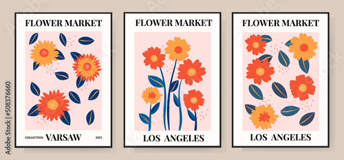 Set 1970 daisy flowers market poster. Abstract floral illustration. Poster for postcards, wall art, banner, background, for printing. Vector illustration.