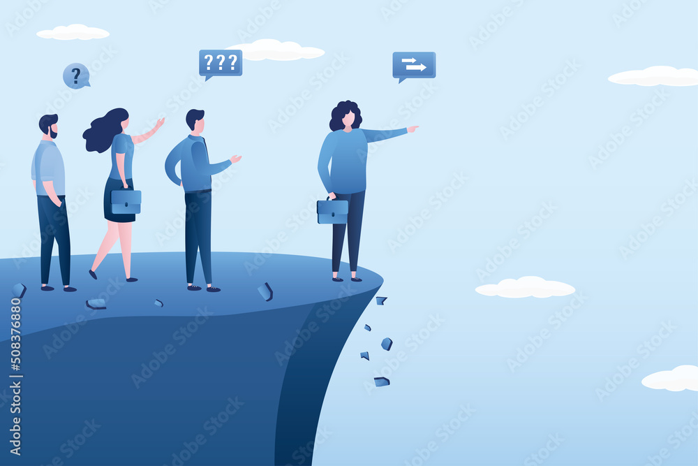 Wrong decision making, concept. Stupid or crazy boss manager pointing order employees to jump off cliff. Incompetent woman leader. Mistake lead company and employees to sabotage, bad problem.