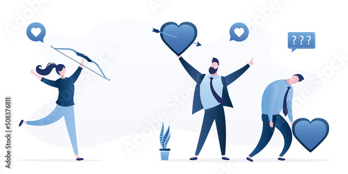 Cute girl shot from bow and hit target with an arrow. Woman choose between various handsome guys. Male characters in love offers big hearts. Online dating. Winner and losers in love.