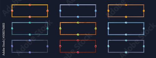 Rectangle frames for game user avatar. Vector cartoon set of empty frames of gold, silver, steel, wooden and stone borders with crystals and gems isolated on black background