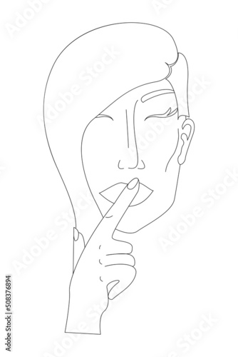Beautiful woman.finger on lips.silent gesture.Beautiful woman saying hush be quiet with finger on lips. Female silent gesture.vector illustration hand drawn.
