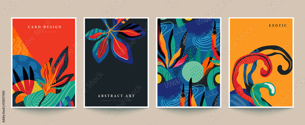 Set of four vector pre-made cards or posters in modern abstract style with nature motifs, flowers, leaves and hand drawn texture. - obrazy, fototapety, plakaty 