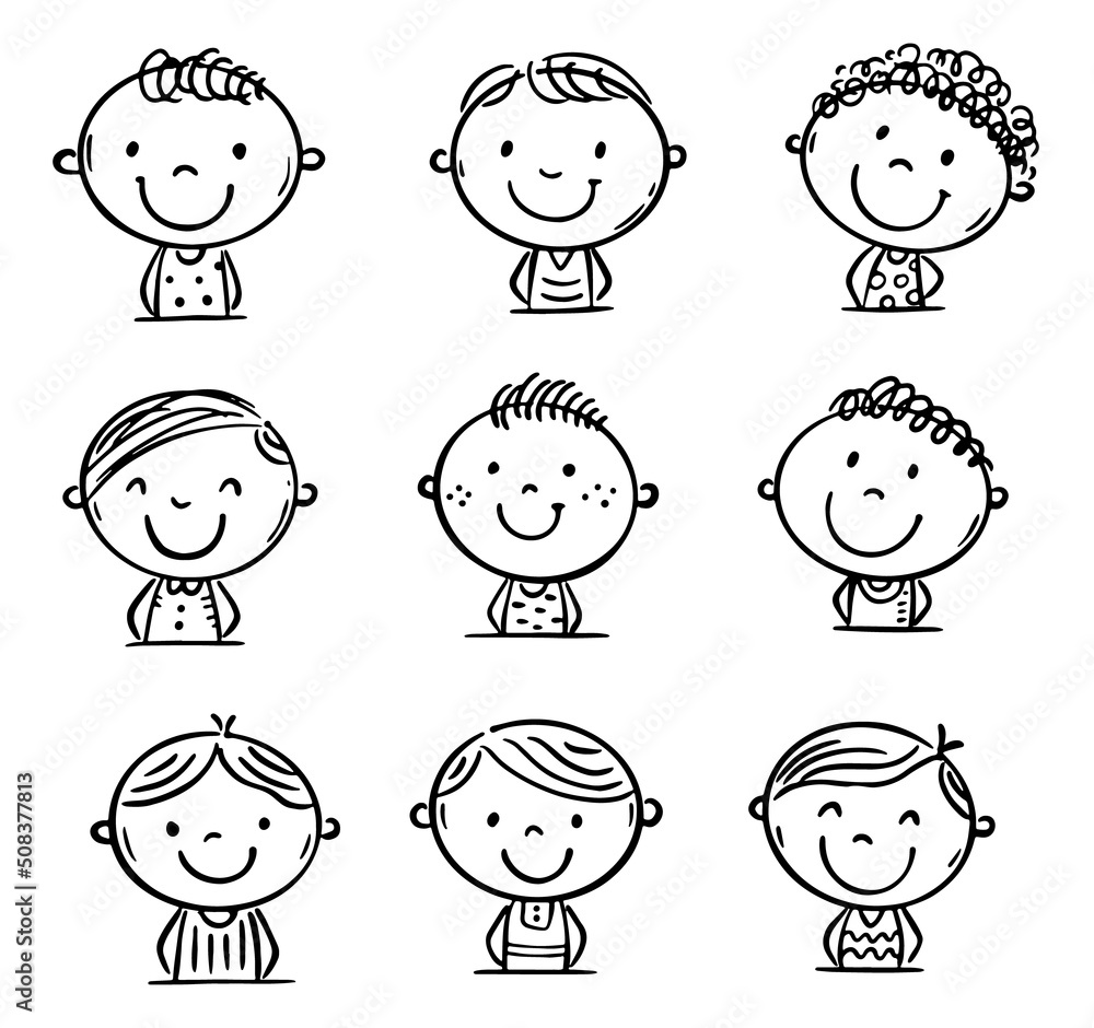 Outline cartoon set of happy boys portraits Outline cartoon set of happy boys portraits