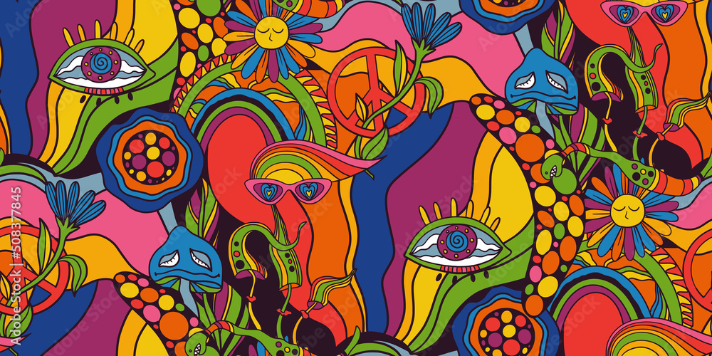 Obraz premium Vector retro colorful psychedelic seamless pattern in 1970s style