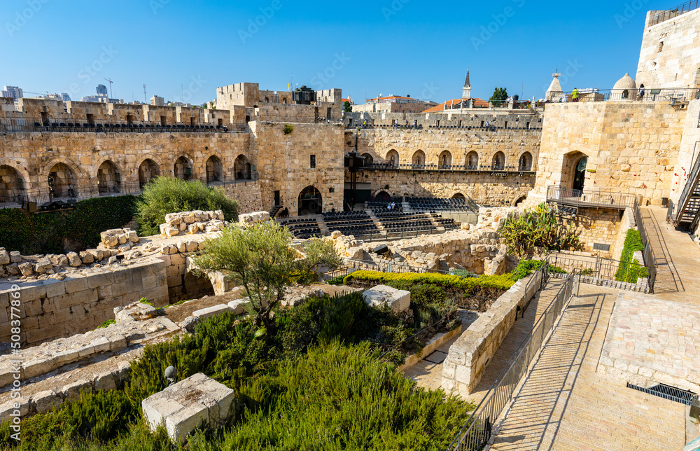 Inner courtyard, walls and archeological excavation site of Tower Of David citadel stronghold in Jerusalem Old City in Israel