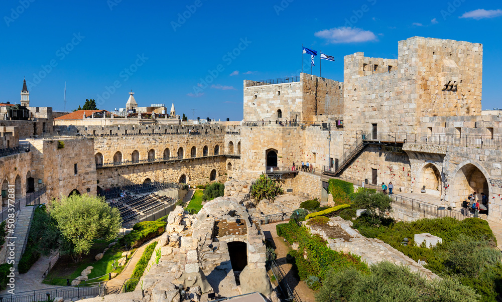 Inner courtyard, walls and archeological excavation site of Tower Of David citadel stronghold in Jerusalem Old City in Israel