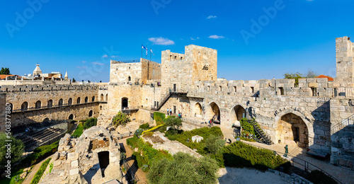 Inner courtyard, walls and archeological excavation site of Tower Of David citadel stronghold in Jerusalem Old City in Israel