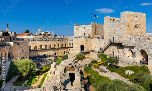 Inner courtyard  walls and archeological excavation site of Tower Of David citadel stronghold in Jerusalem Old City in Israel
