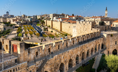 Photo Walls of Tower Of David citadel and Old City over Jaffa Gate and Hativat Yerusha