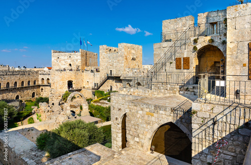 Inner courtyard, walls and archeological excavation site of Tower Of David citadel stronghold in Jerusalem Old City in Israel
