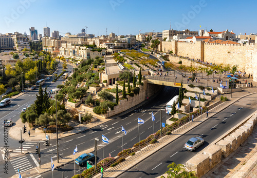 Walls of Tower Of David citadel and Old City over Jaffa Gate and Hativat Yerusha Fototapeta
