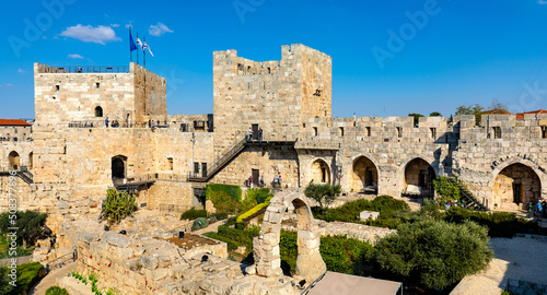Inner courtyard, walls and archeological excavation site of Tower Of David citadel stronghold in Jerusalem Old City in Israel photo