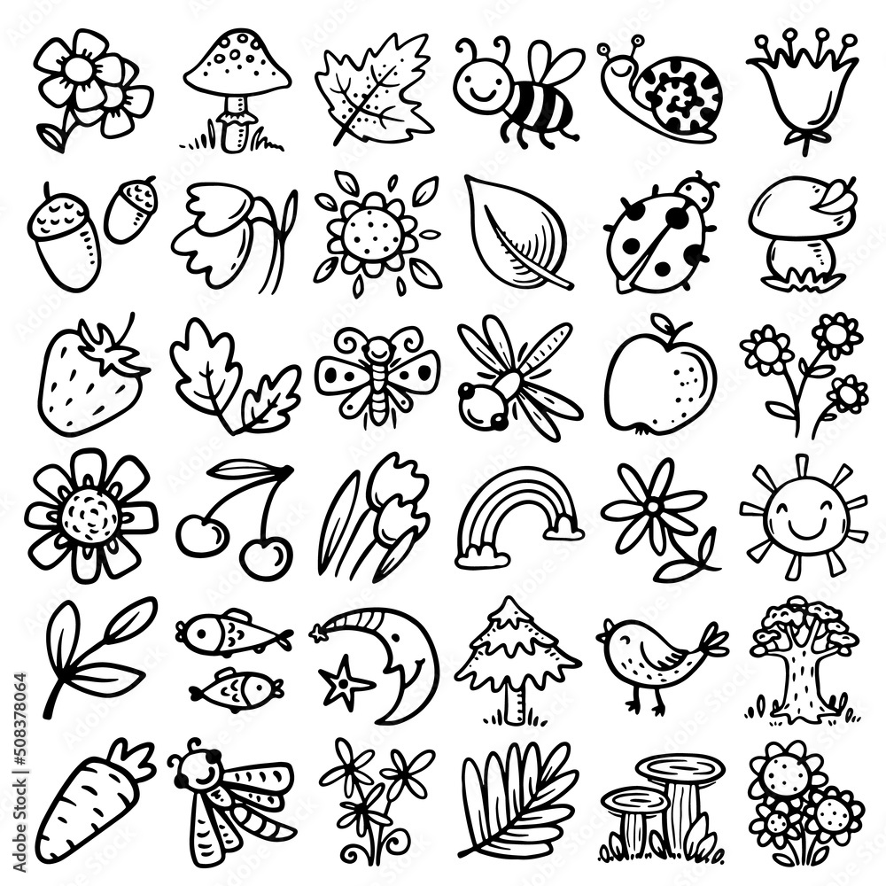 Fototapeta premium Nature pattern with hand drawn outline leaves, herbs, flowers, insects, animals and other objects