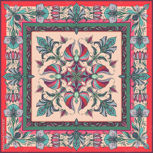 Vector colorful shawl print with beautiful hand drawn floral pattern
