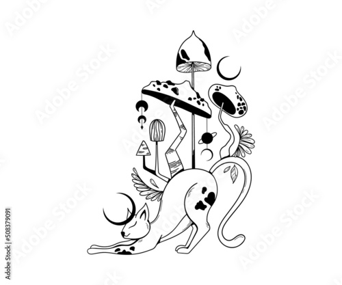 Mystical space cat and mushrooms isolated clip art, hand drawn mysterious composition with celestial animal, moon and magic poisonous fungi on white background, vector