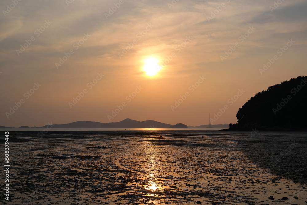 The golden sunset is reflected in the tidal flats. The golden sunset is reflected in the tidal flats.