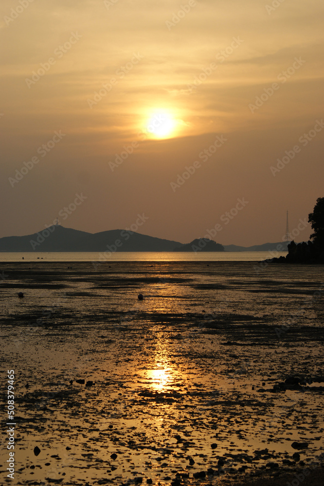 The golden sunset is reflected in the tidal flats.