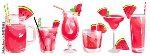 A set of watermelon cocktails.Summer refreshing drinks with a slice of watermelon.mint and ice.Watermelon juice, margarita with watermelon, smoothies.