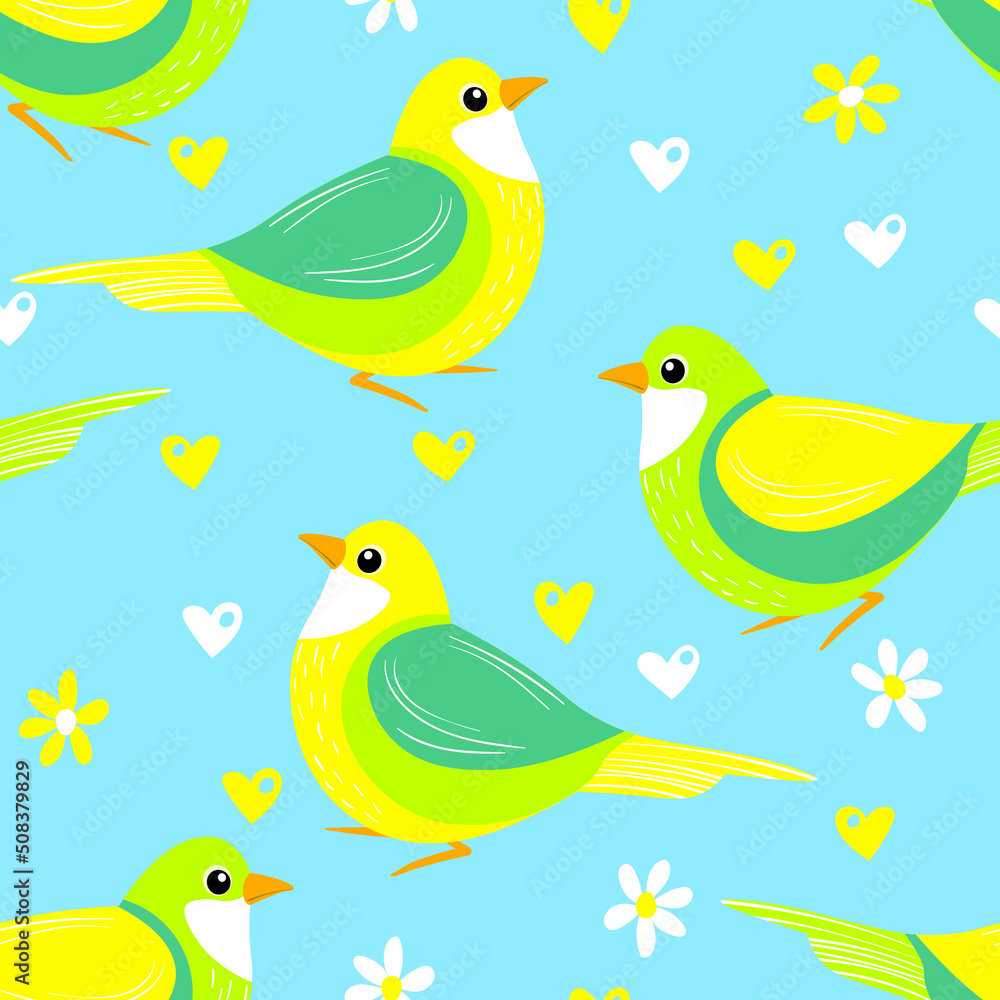Seamless pattern with funny colorful birds, flowers, leaves and berries. Color flat vector illustration with little cartoon bird. Cute characters. Design for invitation, poster, card, textile, fabric Seamless pattern with funny colorful birds, flowers, leaves and berries. Color flat vector illustration with little cartoon bird. Cute characters. Design for invitation, poster, card, textile, fabric