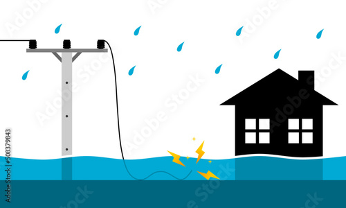 Electric wire of high voltage electric pole broken damaged and short circuit spark electric current to water flood house cause danger with thunderstorm rain drop flat icon vector design.