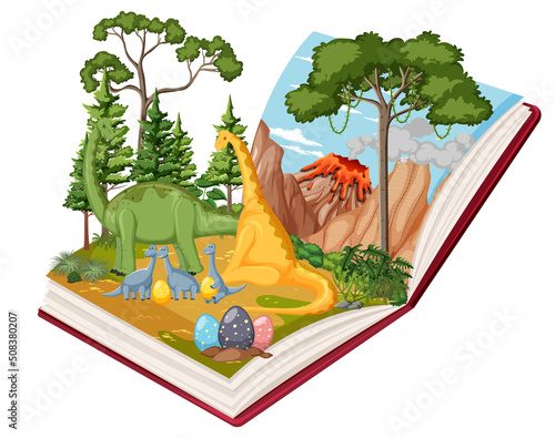 Opened book with various dinosaurs in the forest