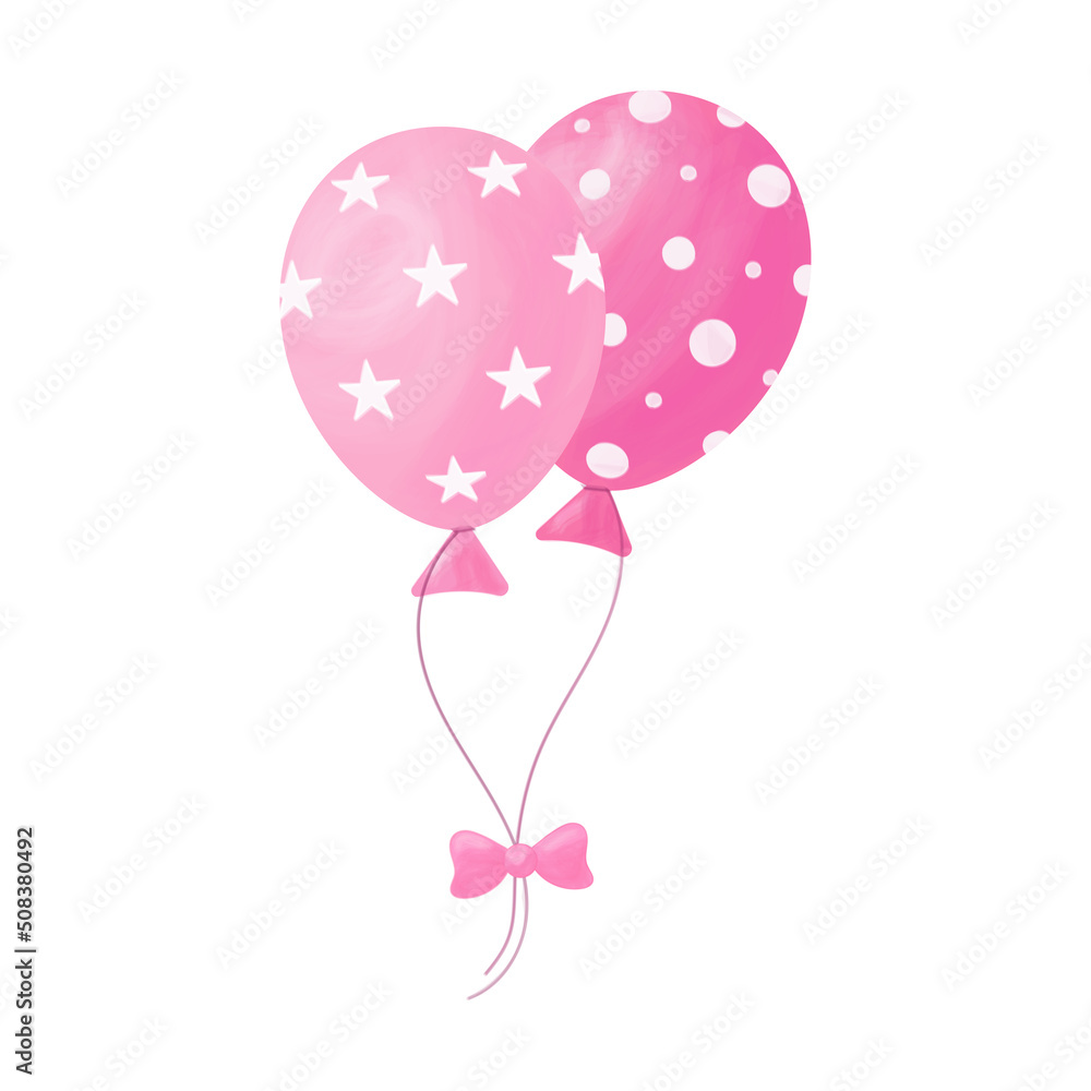 Two pink balloons with stars and circles, watercolor effect, isolated on white background, vector illustration