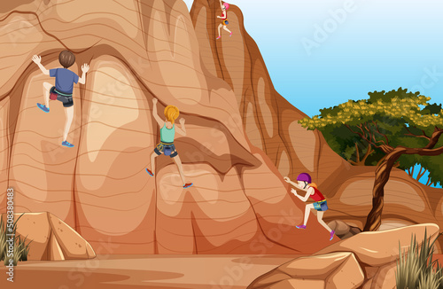 Outdoor scene with rock climber on cliff