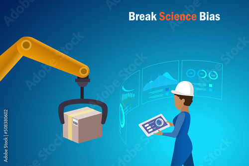 Break the science bias concept. African woman engineering use intelligence robotics hand and growth graph for analysing. Break the bias, discrimination, diversity equality and girl power.