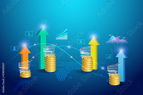 Growth graph with shopping cart on gold coins on world map. Growth of grocery sales. CPI, Consumer price index, business commercial, inflation and worldwide economic indicator concept.