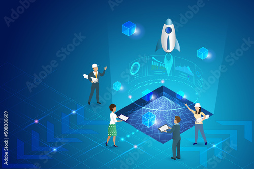 Sandbox and startup new business demo test software programing. Engineering team and investor launching rocket from sandbox with vitual reality simulation technology.