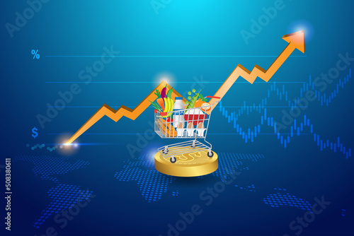 Foods inflation, CPI consumer price index, economic indicator scale concept. Shopping cart trolley on gold coins with rising graph cost of living indicator.