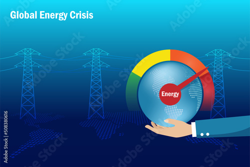 Energy crisis, electricity and commodities supply at high price. Businessman hand hold globe with  high risk energy scale on electric tower station background.