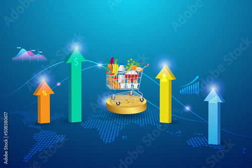 Foods inflation, CPI consumer price index, economic indicator scale concept. Shopping cart trolley on gold coins with rising graph cost of living indicator. Rising foods cost and grocery price.