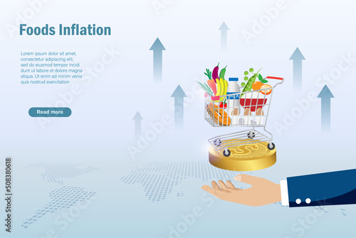 Foods crisis inflation, CPI consumer price index, economic indicator scale. Businessman hand hold shopping cart trolley with rising graph cost of living indicator. Rising foods cost and grocery price