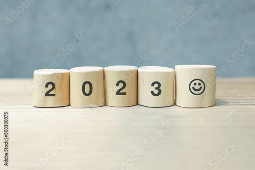 Year 2023 with smiley in wood type. The tax in wood type. Word wood type.